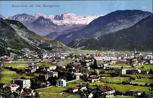 Ak Gries Quirein Bozen Bolzano Südtirol, Blick auf den Ort mit Rosengarten