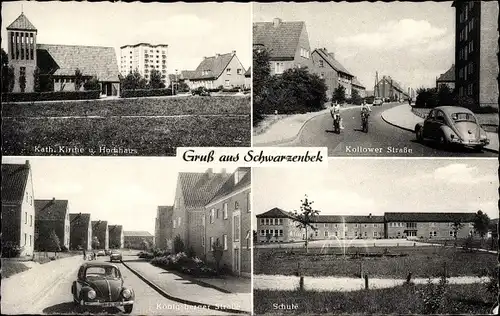 Ak Schwarzenbek in Lauenburg, Kollower Straße, Kath. Kirche, Hochhaus, Königsberger Straße, Schule