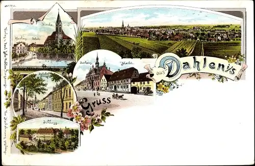 Litho Dahlen in Sachsen, Kirche, Markt, Rathaus, Schloss, Blick auf den Ort