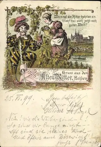 Litho Meißen an der Elbe, Wo einst die Ritter kehrten ein, Stadtansicht