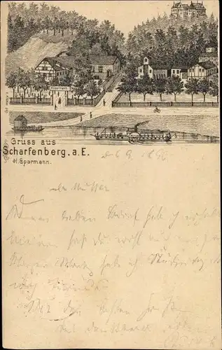 Litho Scharfenberg Klipphausen in Sachsen, Blick auf den Ort, Gasthaus