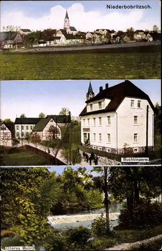 Ak Niederbobritzsch Bobritzsch Hilbersdorf im Erzgebirge, Buchbinderei, Blick auf den Ort, Wehr