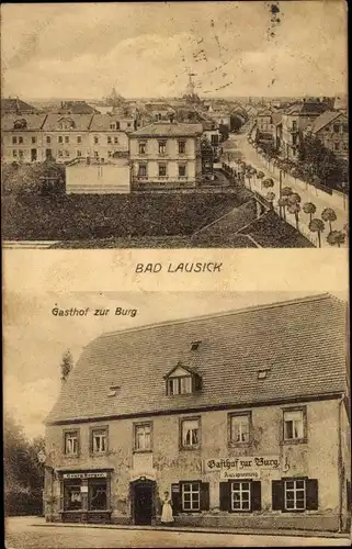 Ak Bad Lausick in Sachsen, Gasthof zur Burg, Blick auf den Ort