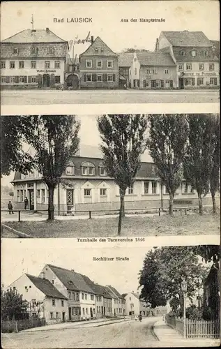 Ak Bad Lausick in Sachsen, Hauptstraße, Turnhalle des Turnvereins 1846, Rochlitzer Straße