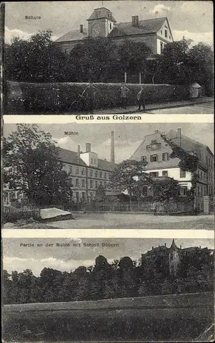 Ak Golzern Nerchau Grimma in Sachsen, Schule, Mühle, Schloss Döbern, Muldepartie