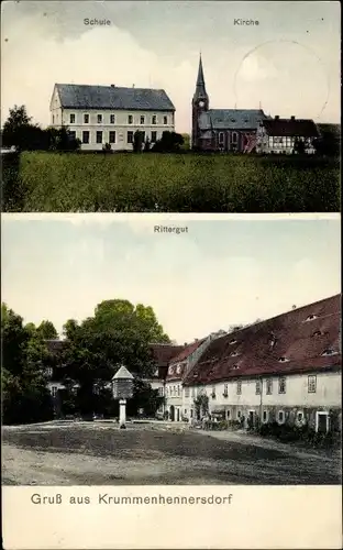 Ak Krummenhennersdorf Halsbrücke in Sachsen, Schule, Kirche, Rittergut, Taubenschlag