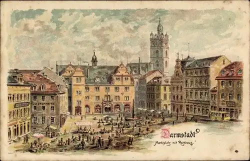 Litho Darmstadt in Hessen, Marktplatz mit Rathaus