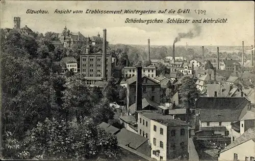 Litho Glauchau in Sachsen, Blick vom Wintergarten auf Gräfl. Schönburgische Schlösser u. Wehrdicht