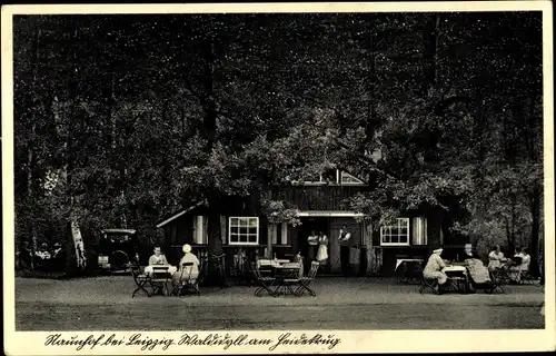 Ak Naunhof bei Leipzig, Waldidyll am Heidekrug, Gasthof, Terrasse, Gast im Rollstuhl