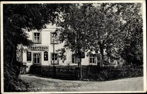 Ak Streitwald Frohburg in Sachsen, Jägerhaus, Inh. W. K. Wiese, Straßenpartie, Schild