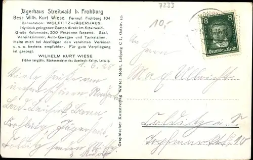 Ak Streitwald Frohburg in Sachsen, Jägerhaus, Inh. W. K. Wiese, Straßenpartie, Schild