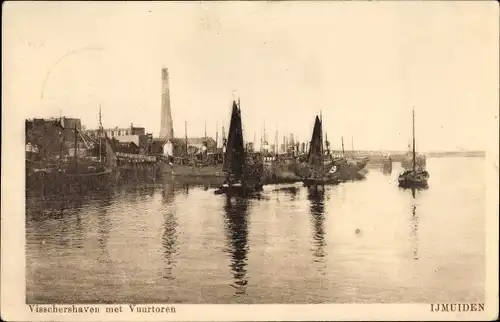 Ak IJmuiden Nordholland, Visschershaven met Vuurtoren