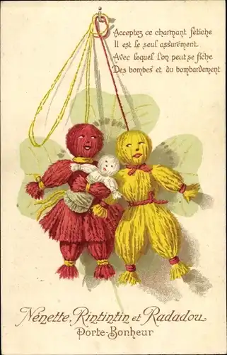 Künstler Ak Wollpuppen, Nenette, Rintintin et Radadou, Porte Bonheur