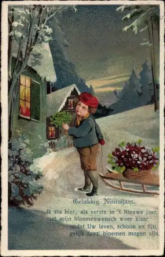 Ak Glückwunsch Neujahr, Junge mit Kleeblättern und Veilchen, Schlitten, Winterlandschaft