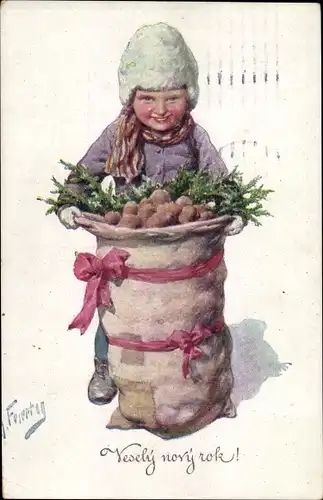 Künstler Ak Feiertag, Karl, Glückwunsch Neujahr, Mädchen mit Sack Kartoffeln