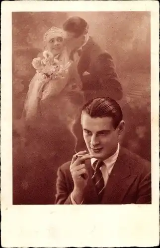 Ak Rauchender Mann, Liebespaar, Frau im Hochzeitskleid