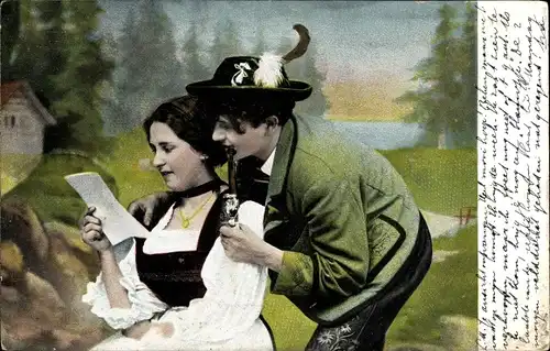 Ak Mann mit Pfeife, Frau im Dirndl