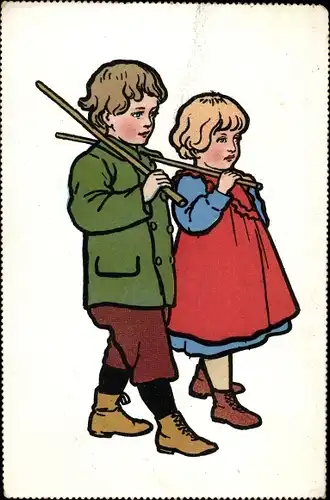 Künstler Ak Mädchen im roten Kleid und sein guter Freund im grünen Mantel, Spaziergang