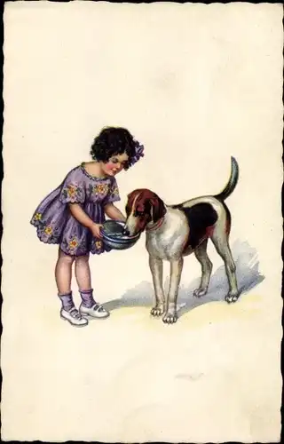 Künstler Ak Mädchen füttert seinen Hund