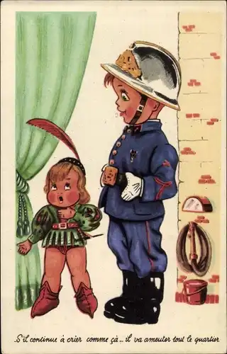 Künstler Ak Junge als Feuerwehrmann, Mädchen mit Feder-Hut