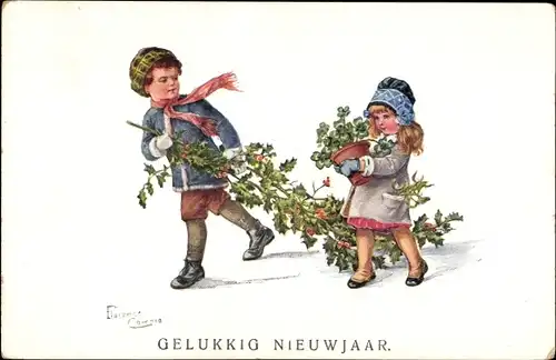 Künstler Ak Glückwunsch Neujahr, Kinder, Stechpalme, Glücksklee, EAS 515/1