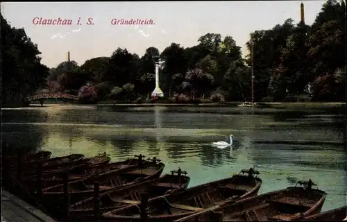 Ak Glauchau in Sachsen, Gründelteich, Ruderboote, Schwan