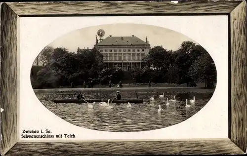 Ak Zwickau in Sachsen, Schwanenschloss mit Teich, Ruderboote, Schwäne