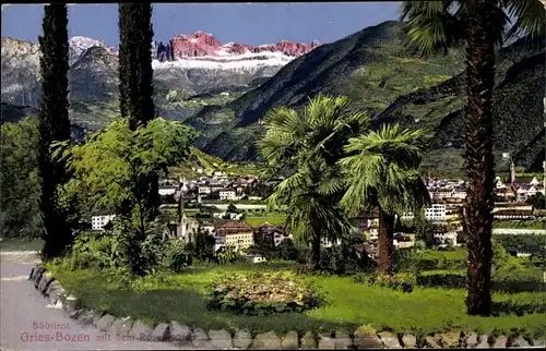 Ak Gries Quirein Bozen Bolzano Südtirol, Blick auf den Ort mit Rosengarten