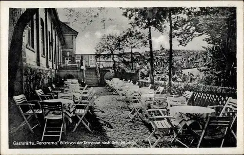 Ak Bad Schlema im Erzgebirge, Gaststätte Panorama, Blick von der Terrasse nach Schneeberg