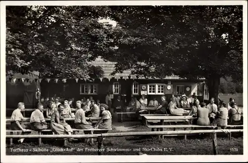 Ak Oberholzhau Sachsen, Torfhaus Skihütte "Glück-Auf" des Freiberger Schwimm- u. Ski-Clubs