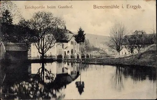 Ak Rechenberg Bienenmühle Erzgebirge, Teichpartie beim Gasthof
