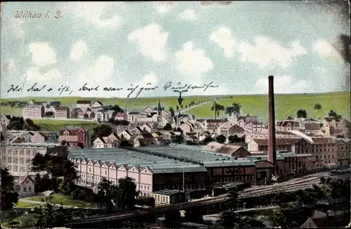 Ak Wilkau Haßlau in Sachsen, Gesamtansicht mit Fabrikgelände