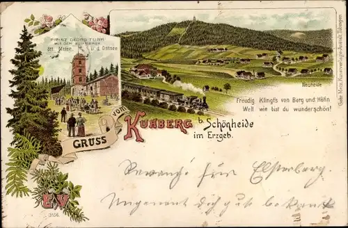 Litho Schönheide im Erzgebirge Sachsen, Gruß vom Kuhberg, Prinz Georg Turm, Neuheide