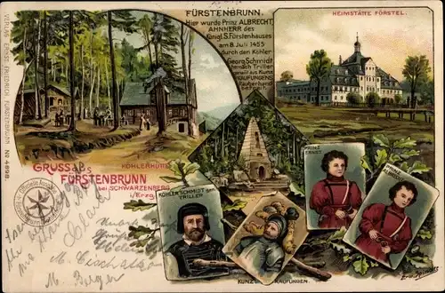 Litho Fürstenbrunn Schwarzenberg im Erzgebirge, Prinz Ernst, Prinz Albrecht, Köhlerhütte, Förstel