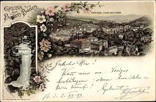 Litho Baden Baden am Schwarzwald, Panorama vom Schloss Solms, Wasserfall