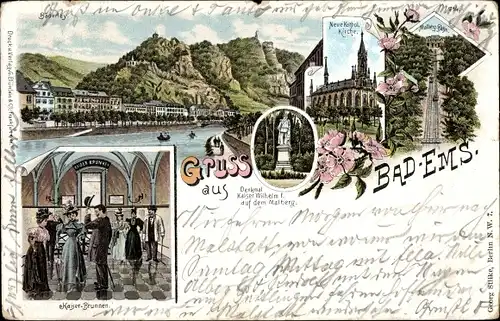 Litho Bad Ems an der Lahn, Kaiserbrunnen, Kaiser Wilhelm Denkmal, Malbergbahn, Kirche, Bäderley