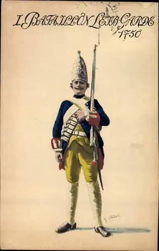 Künstler Ak I. Bataillon Leib Garde 1750, Soldat in Uniform, Bajonett