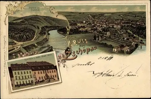 Litho Zschopau im Erzgebirge Sachsen, Blick auf den Ort, Rathaus, Hotel Stadt Wien