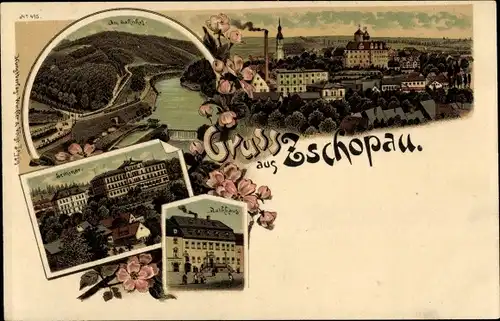 Litho Zschopau im Erzgebirge Sachsen, Blick auf den Ort, Rathaus, Seminar