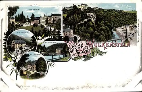 Litho Wolkenstein im Erzgebirge, Warmbad, Hüttenmühle, Waldmühle, Floßplatz