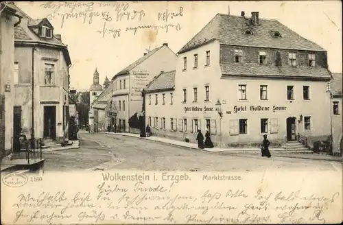 Ak Wolkenstein im Erzgebirge, Marktstraße, Hotel Goldene Sonne