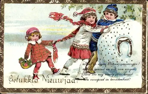 Ak Glückwunsch Neujahr, Kinder, Schneeball, Hufeisen, Blumen