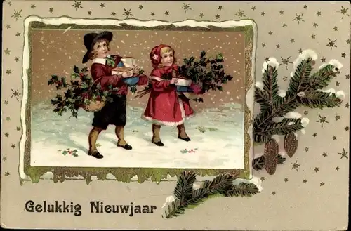 Ak Glückwunsch Neujahr, Kinder, Stechpalme, Geschenke, Zapfen