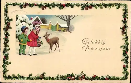 Ak Glückwunsch Neujahr, Kinder, Reh, Zapfen, Amag 2118