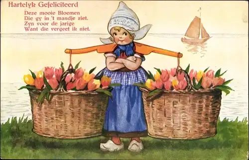 Ak Glückwunsch, Hartelijk Gefeliciteerd, Mädchen in niederländischer Tracht, Tulpen