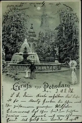 Mondschein Litho Potsdam in Brandenburg, Historische Mühle bei Sanssouci, Brunnenpartie, Nacht