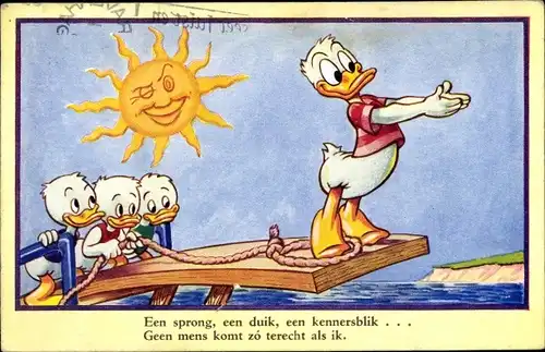 Künstler Ak Walt Disney, Donald Duck auf einem Steg, Tick, Trick, Track