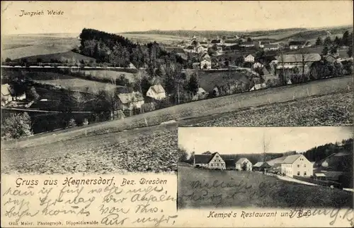 Ak Hennersdorf Dippoldiswalde im Erzgebirge, Gesamtansicht, Kempes Restaurant und Bad, Weide