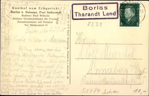 Ak Borlas Klingenberg im Erzgebirge, Gasthof zum Erbgericht, Inh. Emil Wilhelm