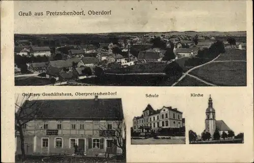 Ak Pretzschendorf Klingenberg im Erzgebirge, Oberdorf, Geißlers Geschäftshaus, Schule, Kirche